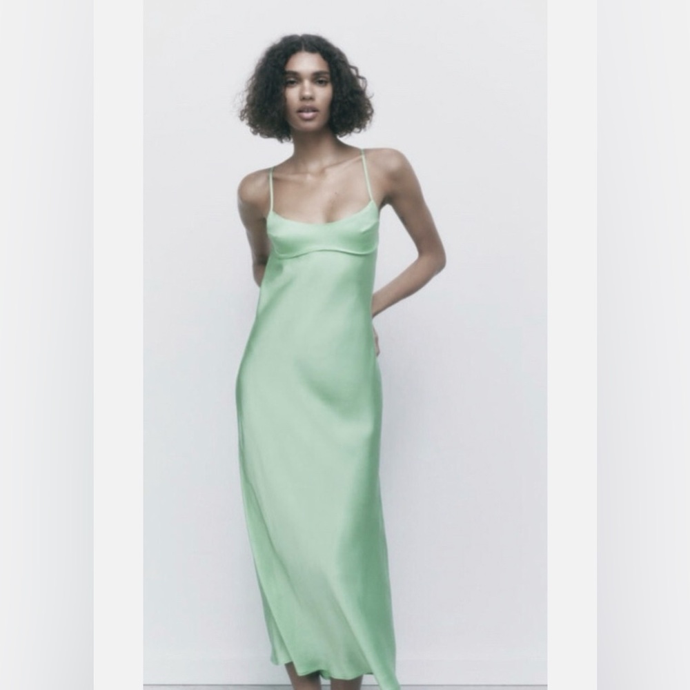NWT Zara Mint Green Satin Effect Cut Out Midi Dress, Sz L